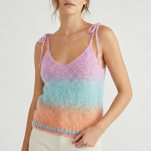 Rose Carmine Tops - Rose Carmine Handknit Mohair Wool Blend Ombré Tank Top Pastel Rainbow Size 1